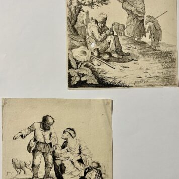 Antique etchings Peasants in landscapes