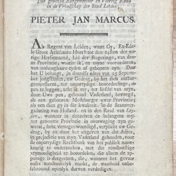 Leiden, 1794, Criticism | Junius Batavus aan Den gewezen Burgemeester en Veertig Raad in de Vroedschap der Stad Leiden, Pieter Jan Marcus, Alöm te Bekomen, 1794, 69 pp.