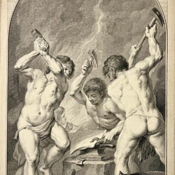 Antique engraving Cyclopes in the forge of Vulcan. Pieter Tanje