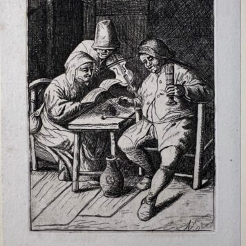 Antique print etching peasants in an inn making music Deuchar after Adriaen van Ostade