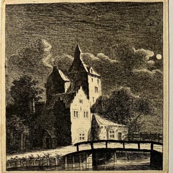 Antique etching Night view on a castle Philips