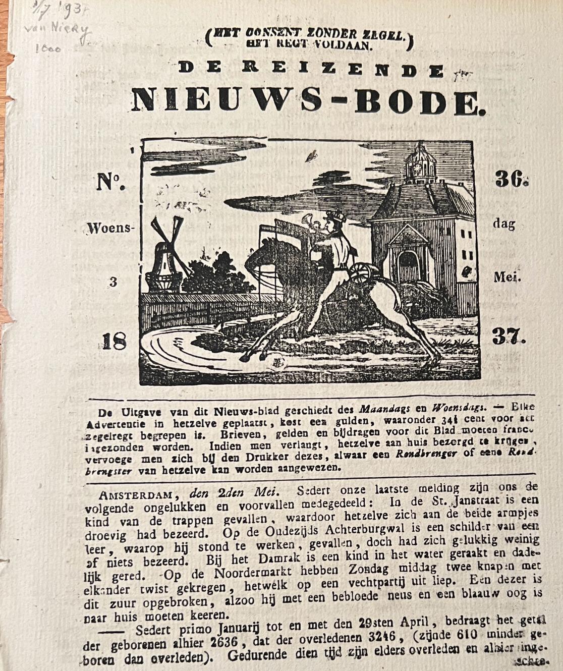 [Pamphlet/Newspaper] - Pamphlet/Newspaper: De reizende Nieuwsbode (nieuws-bode), no 36 Woensdag 3 mei 1837, Amsterdam wed Kok, geb. Van Kolm, 4 pp.