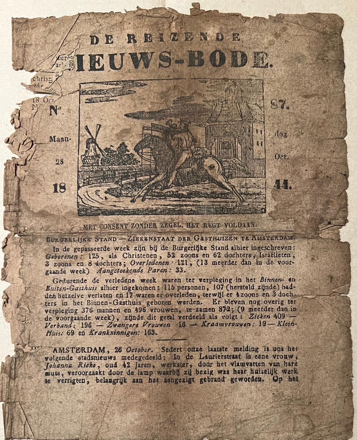 [Pamphlet/Newspaper] - Pamphlet/Newspaper: De reizende Nieuwsbode (nieuws-bode), no 87 maandag 28 oktober 1844, Amsterdam wed Kok, geb. Van Kolm, 4 pp.