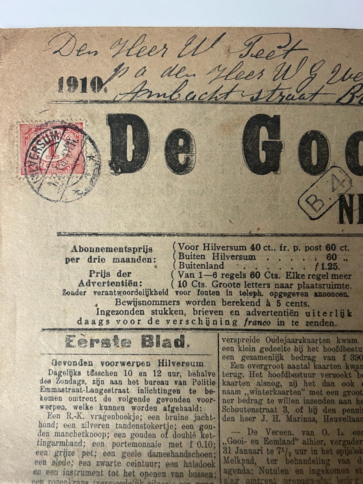 [Originele krant] - Ephemere newspaper 1910 | De Gooi- en Eemlander nieuws- en advertentieblad 39e jaargang, nr 8, zaterdag 29 januari 1910, 4 pp. With stamp of 1 cent, Nederland.