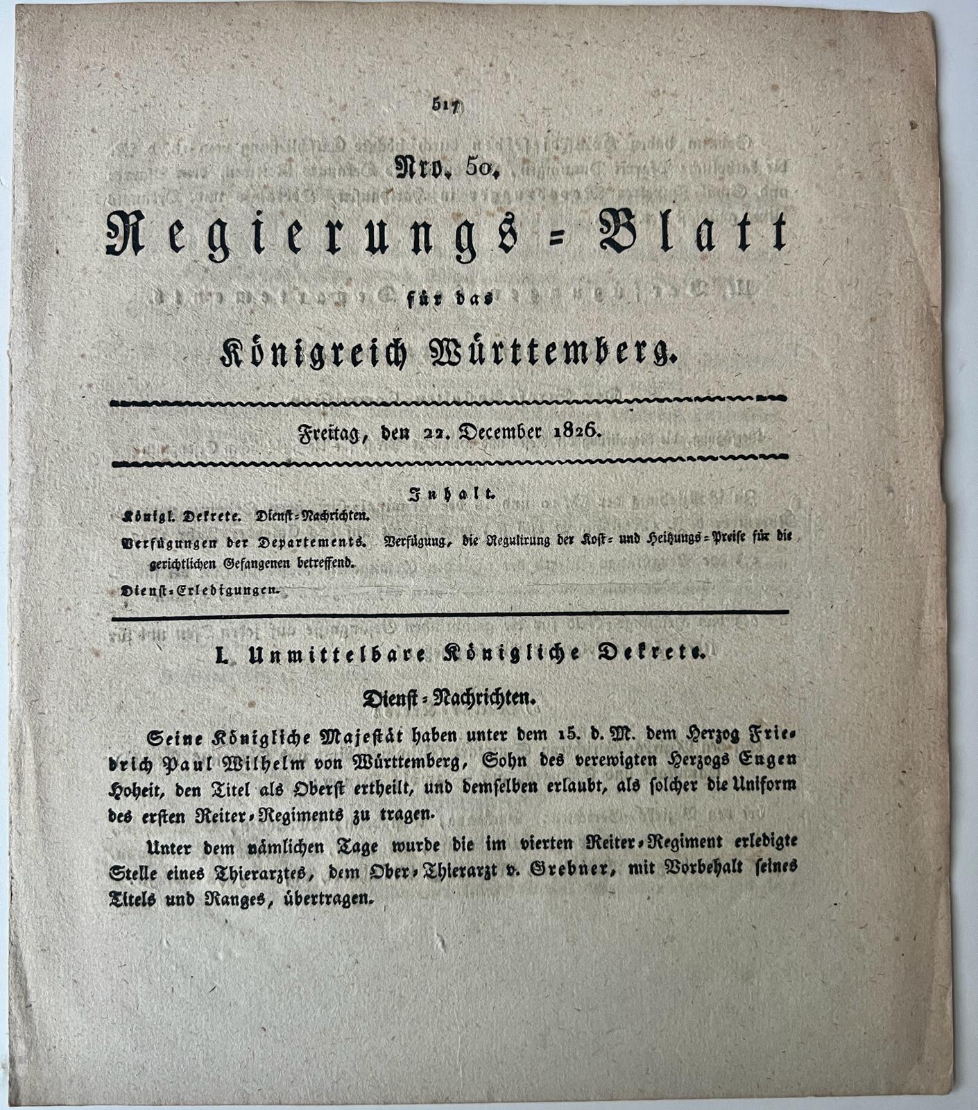 [Original newspaper Wurttemberg 1826] - Ephemere pamflet German 1826 | Regierungs-Blatt fr das Knigreich Wrttemberg, freitag 22 december 1826, gedruckt bei G. Hasselbrink, 4 pp.
