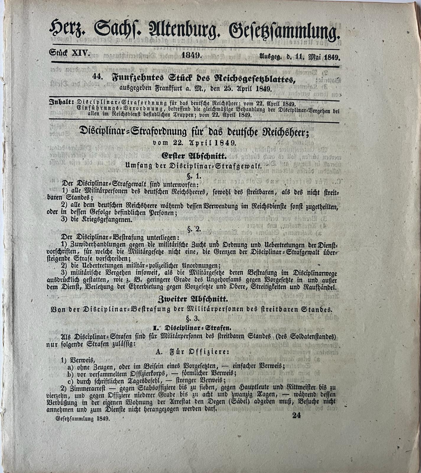 - Printed publication legal 1849 | Publication Herz. Sachsen Altenburg Gesetzsammlung 11 mai 1849, 8 pp. (p. 117-124).