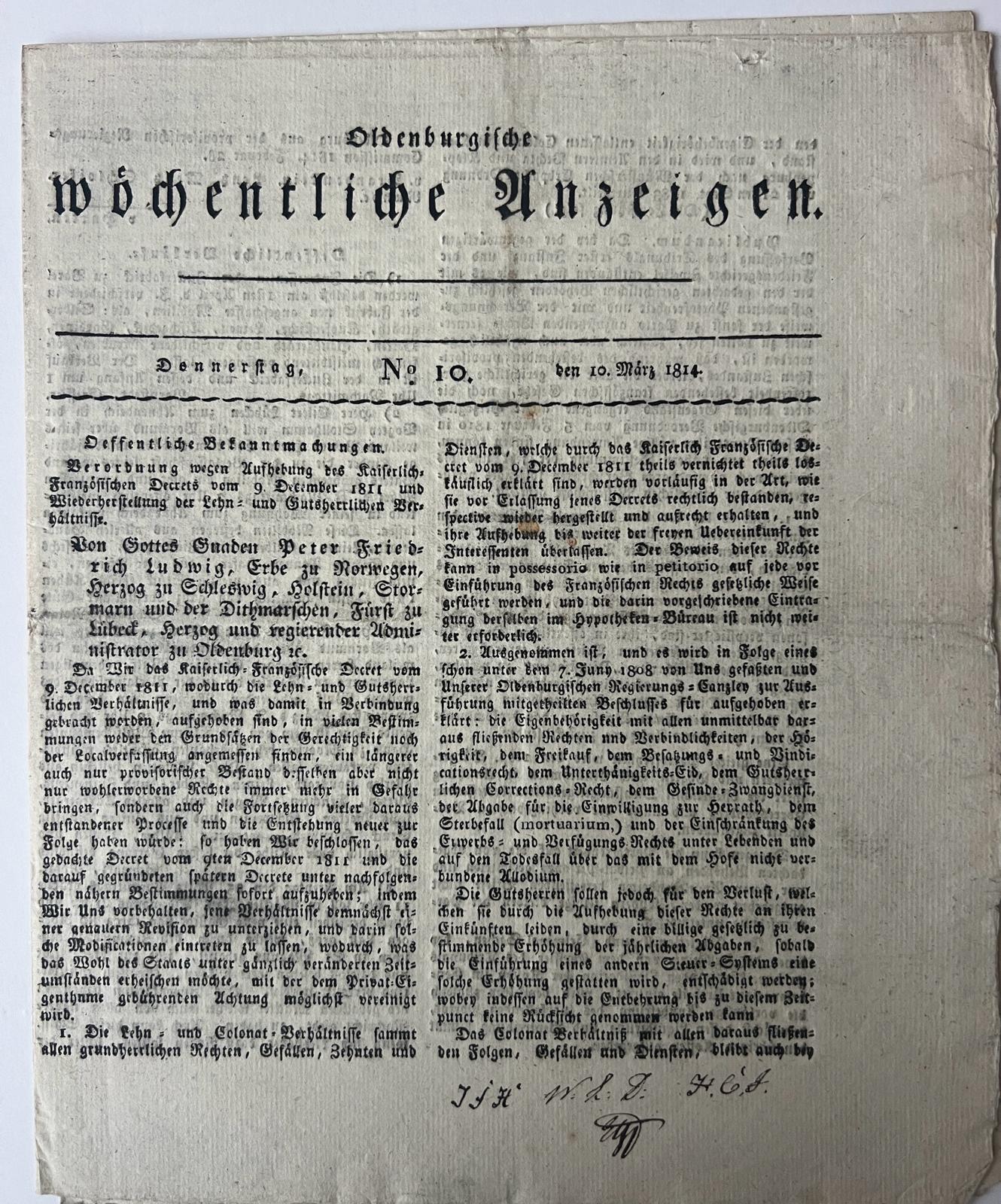  - Printed publication newspaper 1814 | Oldenburgische Wchentliche Anzeigen, donnerstag 10 Marz 1814, no 10, 8 pp. [Printed on one big sheet. folded in 4]