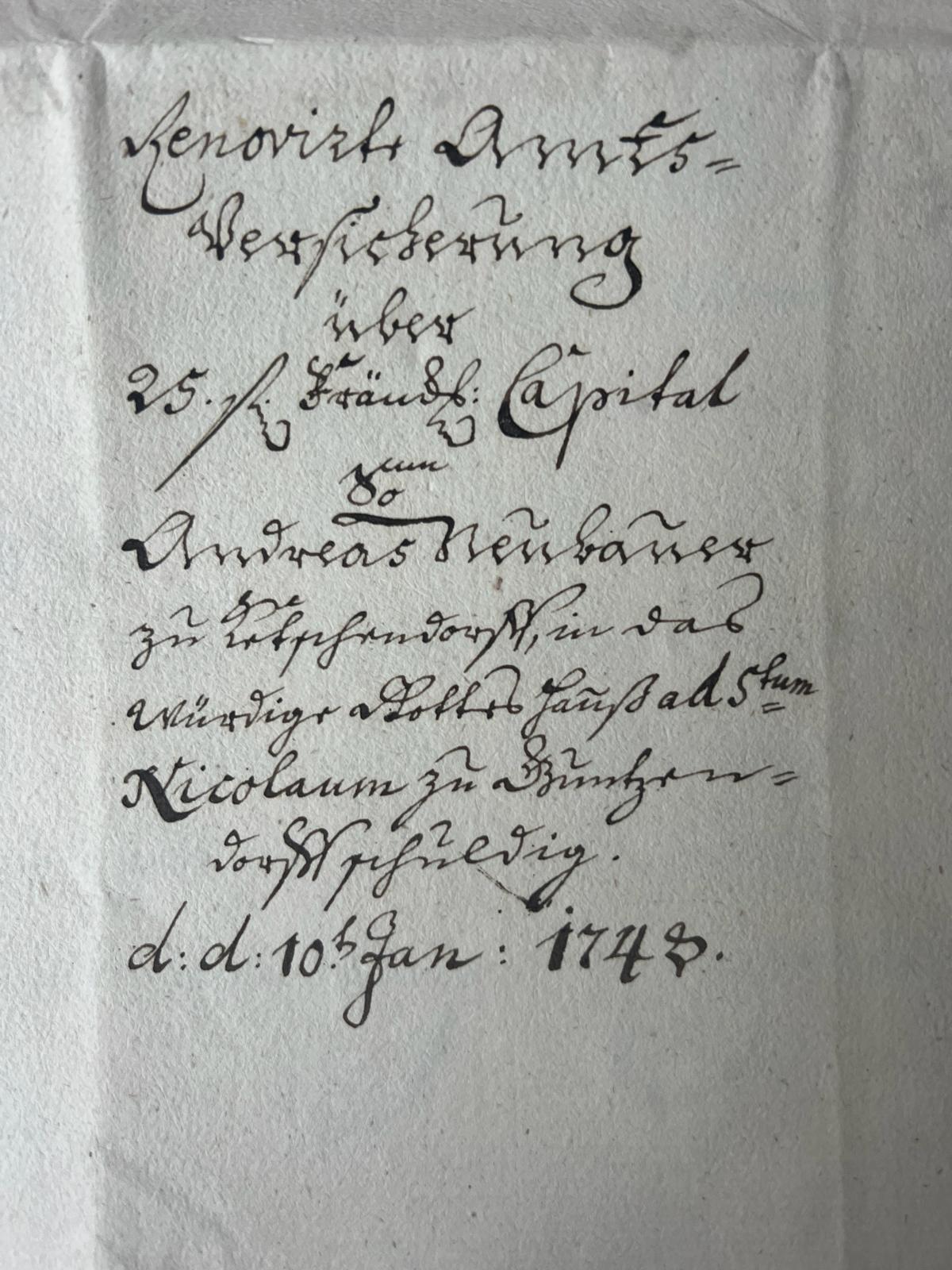 [Original legal manuscript 1748] - Manuscript legal German 1748 | Original manuscript deed for mortgage of 25 Frankische Guilder with name Buttenheim dated 10.1.1748, 4 pp.