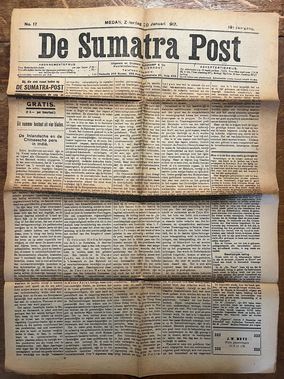 [Printed press history] - Antique newspaper Indonesia, Indi 1917 | The Sumatra Post, Medan zaterdag 20 januari 1917, 1 p. AND various curious newspaper articles.