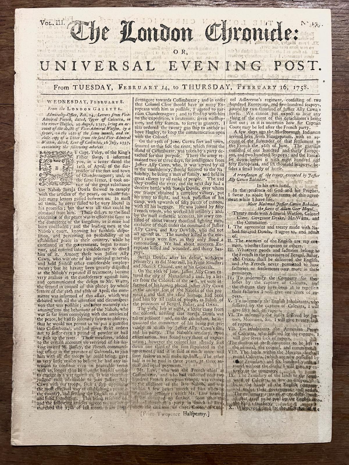[British newspaper 1758] - Antique newspaper UK 1758 | The London Chronicle or Universal Evening Post, Vol. III, no 187 March 9-11 1758. Original newspaper on laid paper, 8 pp (p. 233-240).