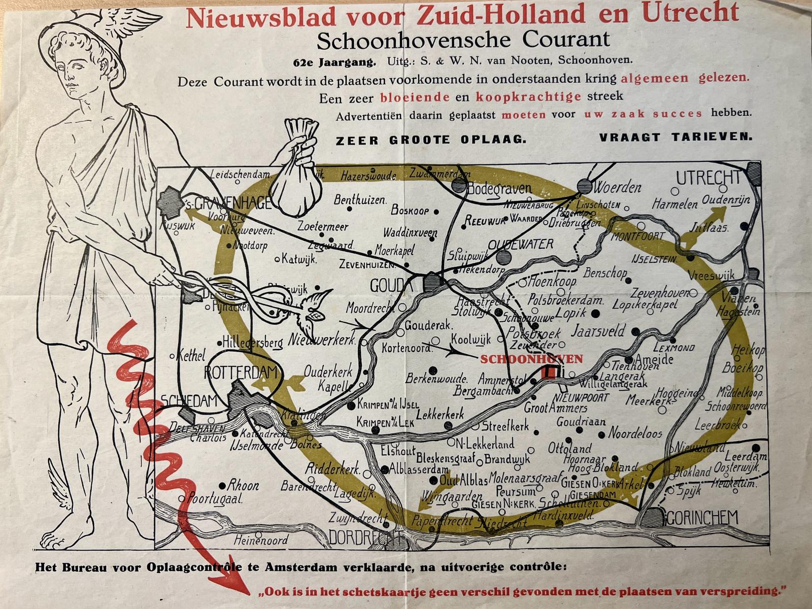 [Newspaper 1962] - Newspaper cartography 1962 | Schetskaartje behorend bij Nieuwsblad voor Zuid-Holland en Utrecht Schoonhovensche courant, 62e jaargang, Van Nooten Schoonhoven, 1 p. Decorative map in red, black and green colours.