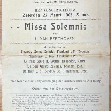 Music, 1905, Amsterdam | Leaflet on the performance of Beethoven's Missa Solemnis on Saturday March 25th 1905. Maatschappij tot Bevordering der Toonkunst, Amsterdam, 1905, 1 p.