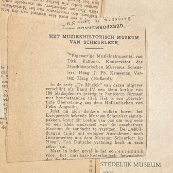 Music, 1933, Exhibition Guide | Muziek-Historisch Museum Scheurleer, Gids door D. J. Balfoort, tentoongesteld in het Stedelijk Museum Amsterdam 1933. Stedelijk Museum, Amsterdam, 1933, 40 pp.