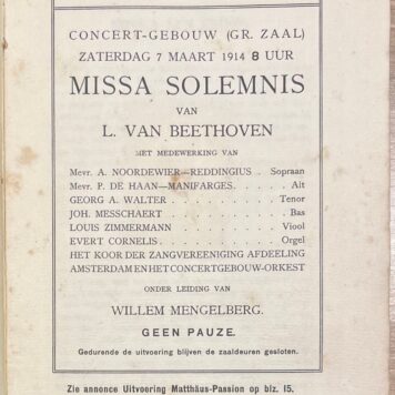 Music, 1914, Amsterdam | Maatschappij tot bevordering der Toonkunst Afdeeling Amsterdam, Directeur W. Mengelberg, Programma Tekstboekje, Missa Solemnis, L. van Beethoven. Amsterdam, Maatschappij tot bevordering der toonkunst, 1914, 13(1)pp.