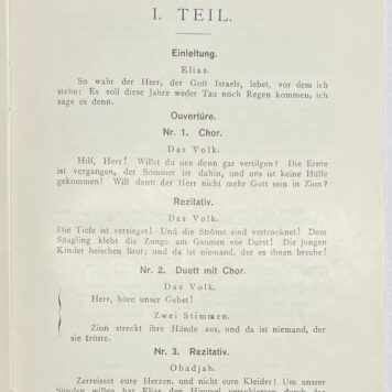 Music, 1909, Amsterdam | Concertgebouw Zaterdag 2 Februari 1909, 8 uur, Herdenkingsfeest Felix Mendelssohn-Bartholdy, Geboren 3 Februari 1809. Elias. Oratorium naar de wooden van het Oude Testament. (...) [s.n.], [s.l.], 1909, 20 pp.
