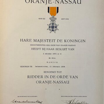 Oorkonde benoeming van Dr. Otto Baruch tot Ridder in de Orde van Oranje-Nassau