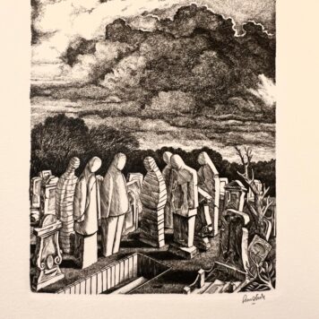 Modern engraving of graveyard (Begraafplaats), made by Lou Strik