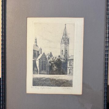 Etching of Sint Jacobskerk in The Hague by v.d. Velde