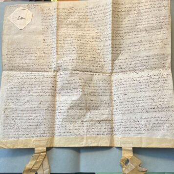 Notarial deed on parchment by Baudian van Collen and Francois van Harencarspel, schepenen, about estate Gerrit van Goor,