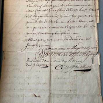 Manuscript signed Amsterdam 23 juni 1744 regarding house on Keizersgracht Amsterdam near the Schouwburg