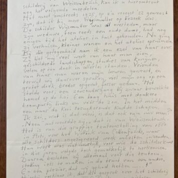 Manuscript letter of 8 march 1952 by Engelina Reitsma-Valença (1889-1981) about an unsigned Weissenbruch painting