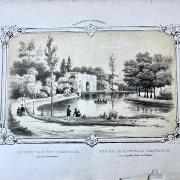 Print of a view of Haarlem. Around the image an attractive frame and underneath a title in Dutch and French. A coloured lithograph from "Haarlem en Omstreken".