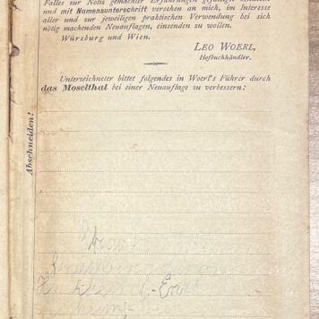 Travel guide, ca. 1891, German | Das Moselthal, von Coblenz bis Trier. Mit Specialkarte, Illustrationen und Plänen. II Auflage. Würzburg/Wien, Leo Woerl, [1891], 71 pp.