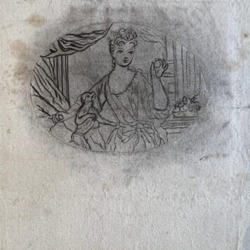 Original drawing of a lady in a room with a monkey, made with puncture art (prikkunst)