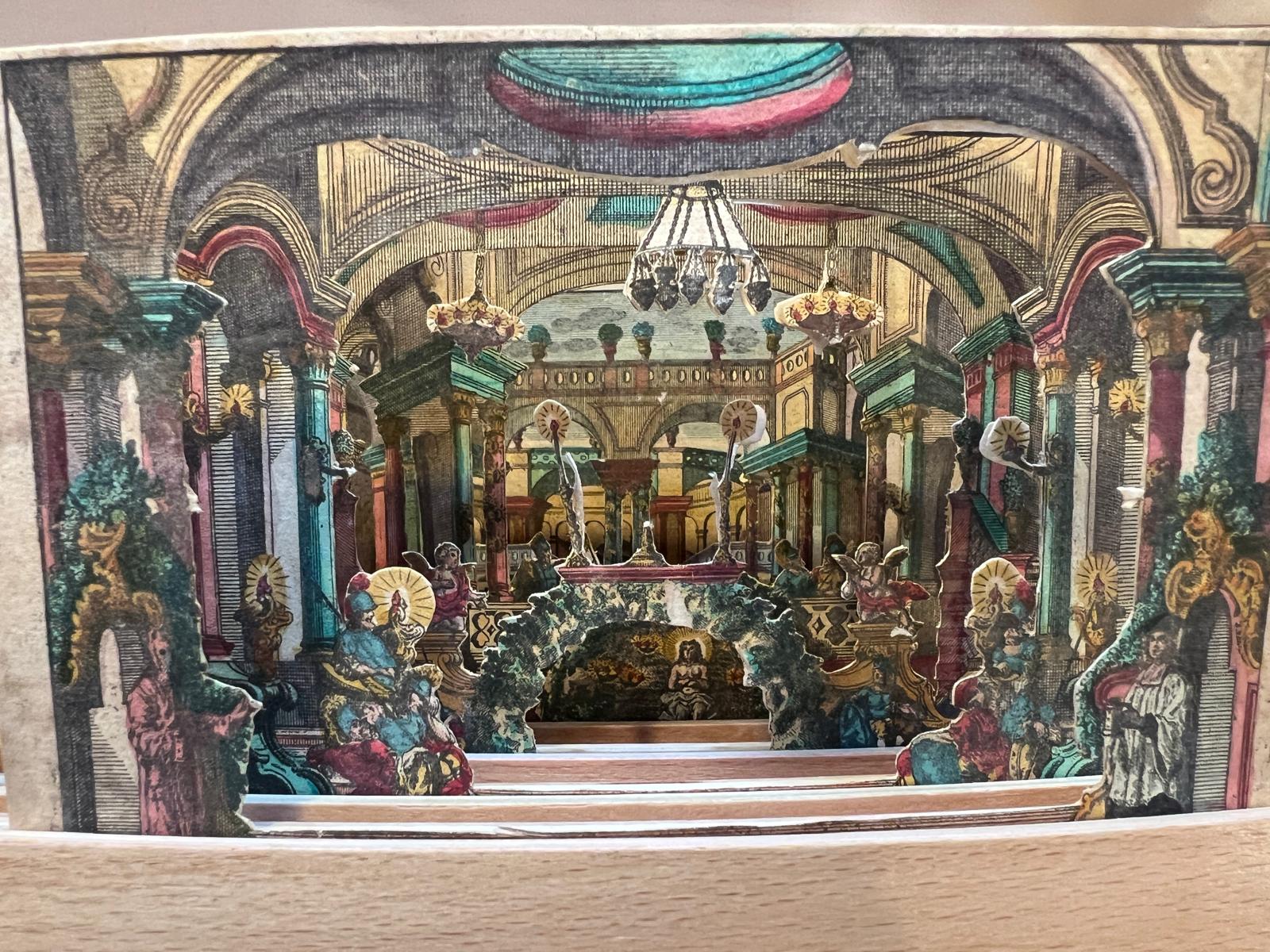  - Theatre Peepshow, ca 1730-1756 | Paper Theater or Diorama, made up of several sheets representing different scenes. This scene is titled 'Christus in den tempel', Christ in the temple and shows the interior of a Roman style temple with christ and several guards.