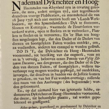 Publicatie 1800 Publicatie tegen vernieling van waterstaatswerken.