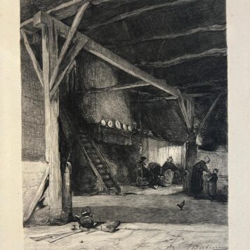 Lithograph of interior in a barn | old farmer house near fire place J. Bosboom