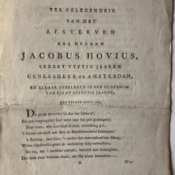 gedicht afsterven des heeren Jacobus Hovius 1786 Hoviuskast