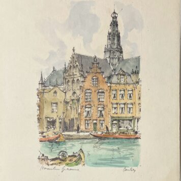 Haarlem Spaarne in de stijl van Anton Pieck. reproductie aquarel