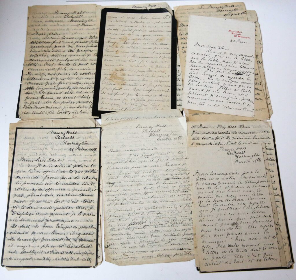 [Music, Manuscript] 24 handwritten amorously and private letters from Lina Rylands (send from Massey Hall, Thelwall near Warrington, England) to concertmaster and violinist Louis Wolff in Berlin. Later working in Amsterdam, London, Belfast and Minnesota. Text in French. Each letter 4-6 pp. dating March 3 1888- April 26 1888. Many musical references in the letters. Some letters with tears.