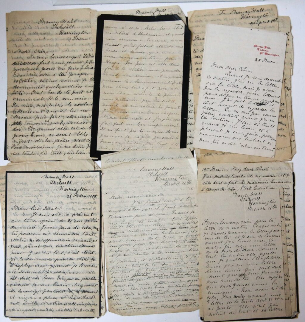 [Music, Manuscript] 24 handwritten amorously and private letters from Lina Rylands (send from Massey Hall, Thelwall near Warrington, England) to concertmaster and violinist Louis Wolff in Berlin. Later working in Amsterdam, London, Belfast and Minnesota. Text in French. Each letter 4-6 pp. dating March 3 1888- April 26 1888. Many musical references in the letters. Some letters with tears.