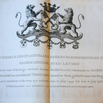 [Coat of arms of Leiden, 1785] Wapenkaart behelzende alle de wapens en naamen van de ed. groot achtbaare heeren veertigen der stad Leyden ... zedert 1449 [tot 1781]. 7 bladen, ieder 38x45 cm., gegraveerd door A. Delfos, uitgave van Heyligert en Honkoop te Leiden 1785.