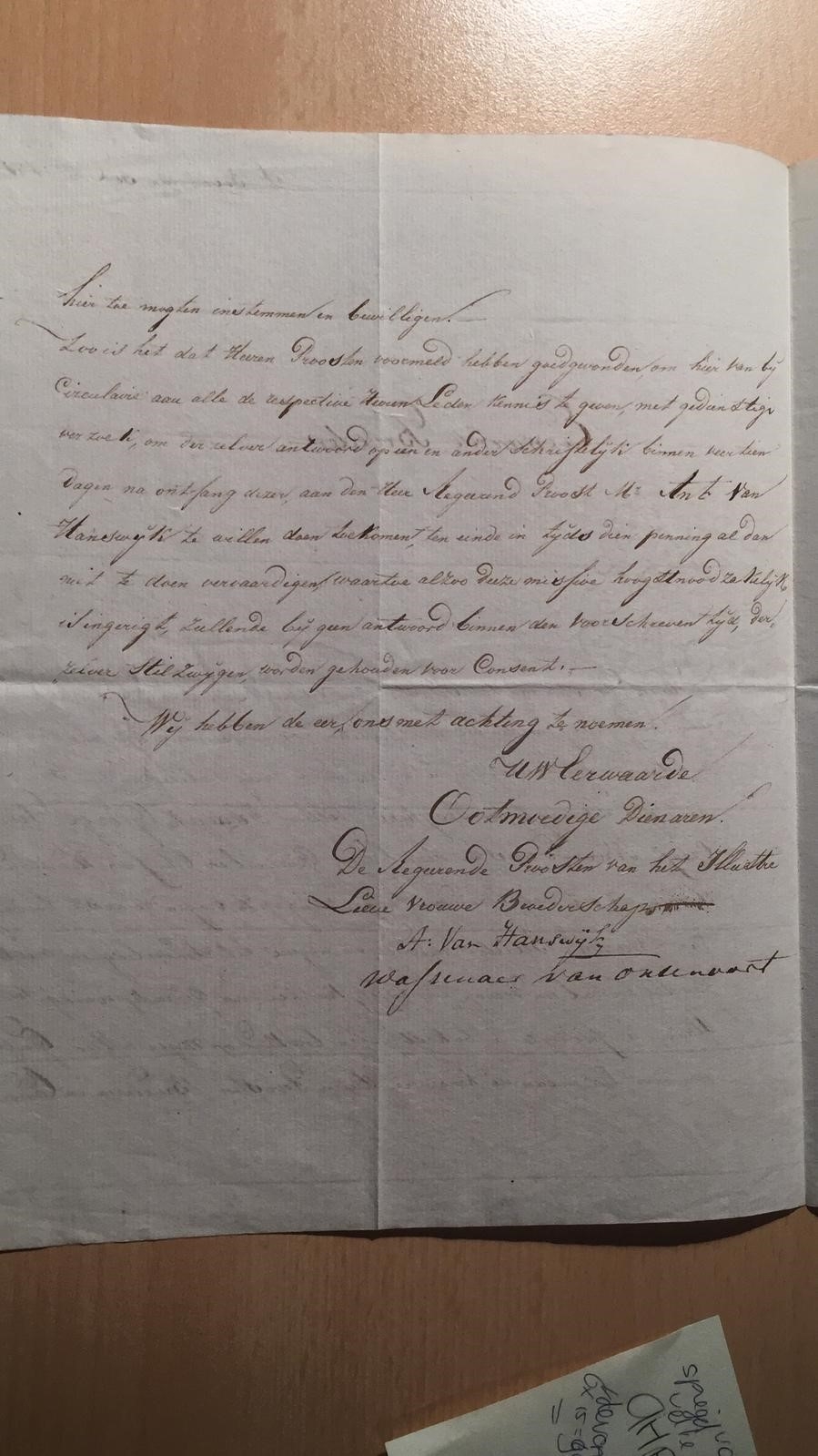 Brief van de Proosten van het Illuster Lieve Vrouwe Broederschap te ‘s Hertogenbosch, d.d. 1848, aan “eerwaarde broeder”, manuscript, 4°, 2 p. Getekend: A. v. Hanswijk en Wassenaer van Onsenoort.
