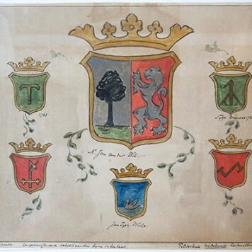 [Heraldic drawing, aquarel, ca. 1900] Geaquarelleerde tekening met kleur van de zes familiewapens in het Polderhuis te Midsland op Terschelling, met vermelding van de “bijna onleesbare teksten” in de randen, ca. 1900, 27x31 cm.