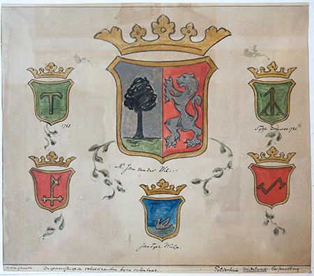 [Heraldic drawing, aquarel, ca. 1900] Geaquarelleerde tekening met kleur van de zes familiewapens in het Polderhuis te Midsland op Terschelling, met vermelding van de “bijna onleesbare teksten” in de randen, ca. 1900, 27x31 cm.