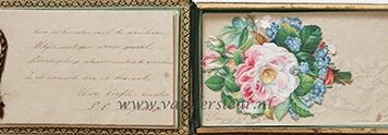Album amicorum in de vorm van een oblong doosje met losse blaadjes van Keetje Bisschop, met ruim 30 bijdragen uit de jaren 1840-1857.