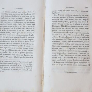 Memoires pour servir a l' histoire de la vie privee, du retour, et du regne de Napoleon en 1815, 2 delen, London J. Murray 1819-1820, 415+419 pag, original boards.