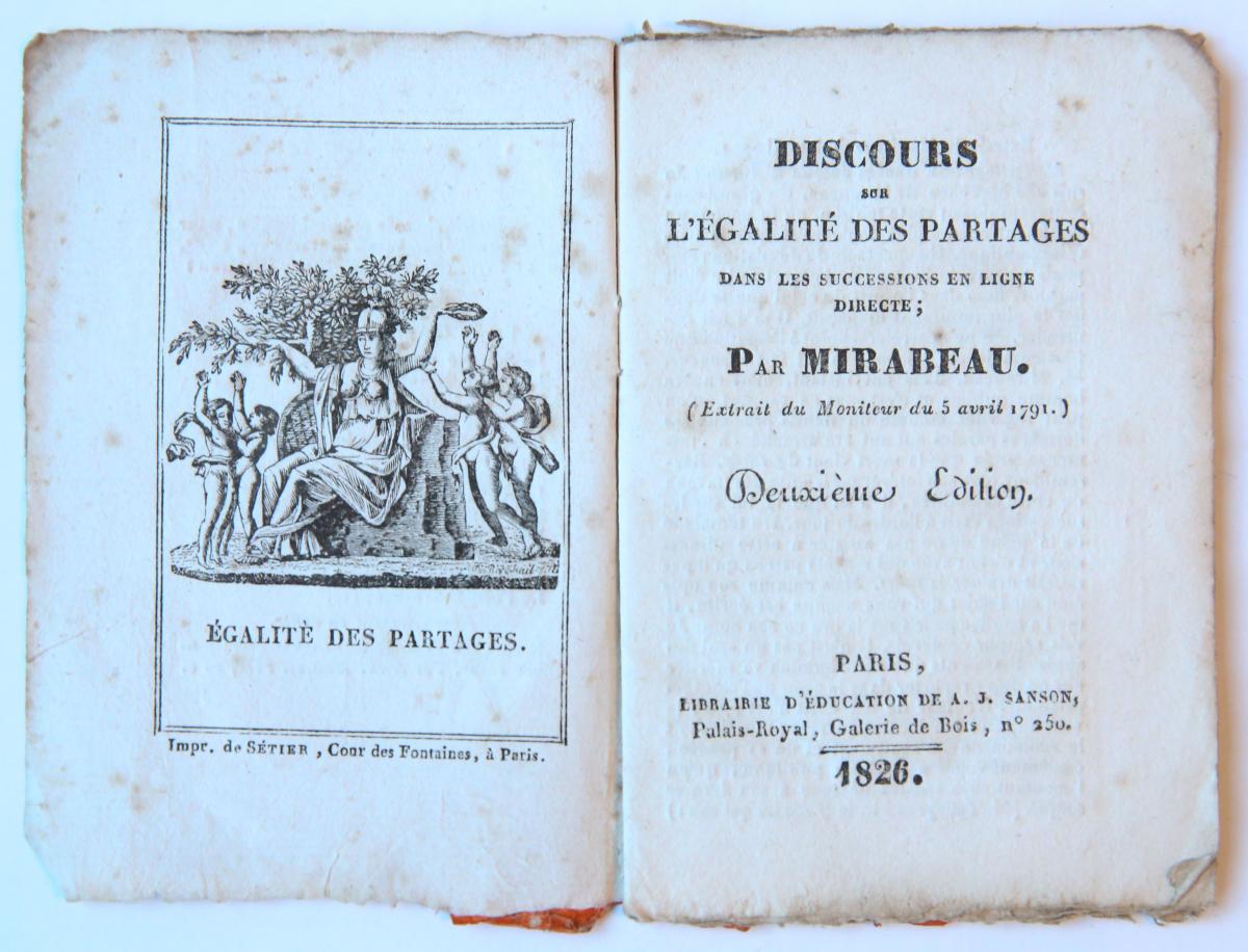 Discours sur l'egalite de partages dans les successions en ligne directe, 2e ed., Paris, Sanson, 1826, 16°, 32 pag., illustrated with engraving Egalité des partages.