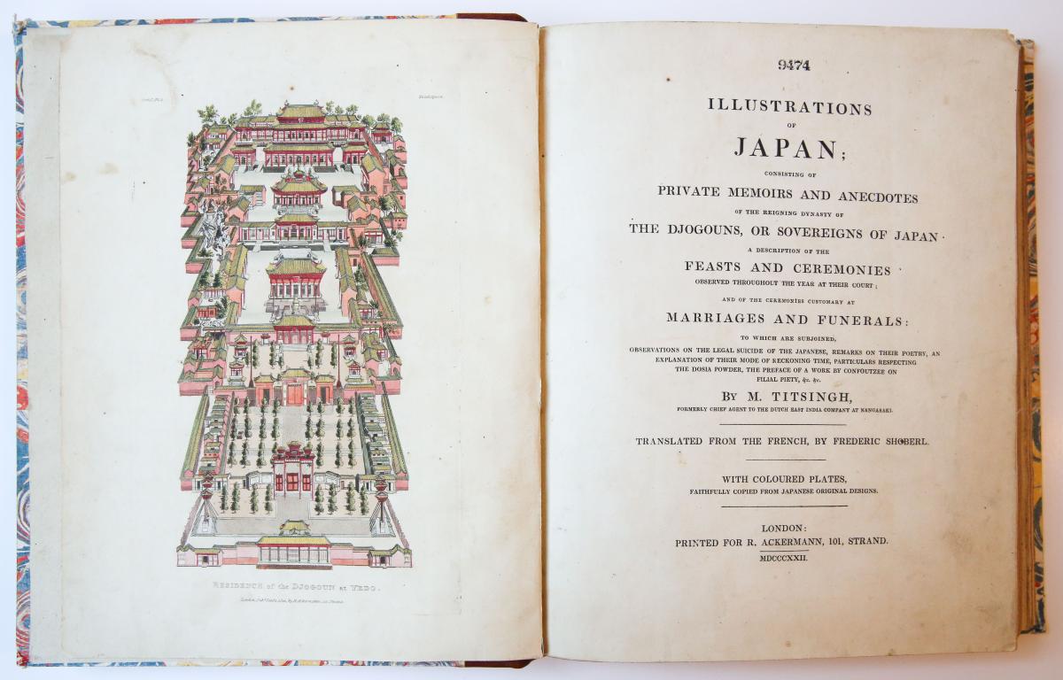 Illustrations of Japan, consisting of private memoirs and anecdotes of the reigning dynasty of the Djogouns, or sovereigns of Japan, a description of the feasts and ceremonies observed throughout the year at their court; and of the ceremonies customary at marriages and funerals: to which are subjoined, observations on the legal suicide of the Japanese, remarks on their poetry, an explanation of their mode of reckoning time, particulars respecting the dosia powder (...). London, R. Ackerman 1822.