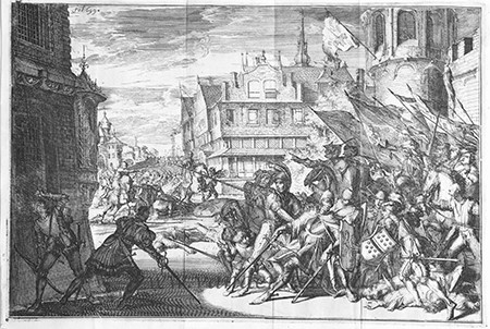 [Antique print, etching] [Graaf Dirk IV te Dordrecht door een vergiftigde pijl doorboord, 1049], published 1677.