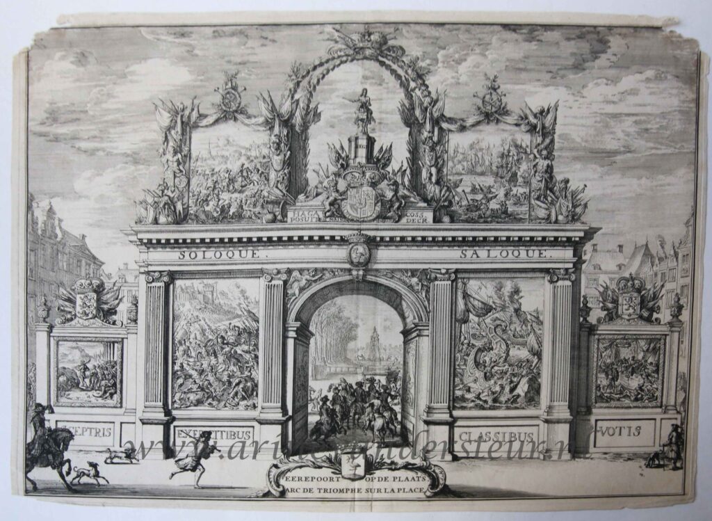 [Antique print, etching] Eerepoort op de Markt / Arc de Triomphe sur le Marché [Willem III te 's Gravenhage], published 1691.
