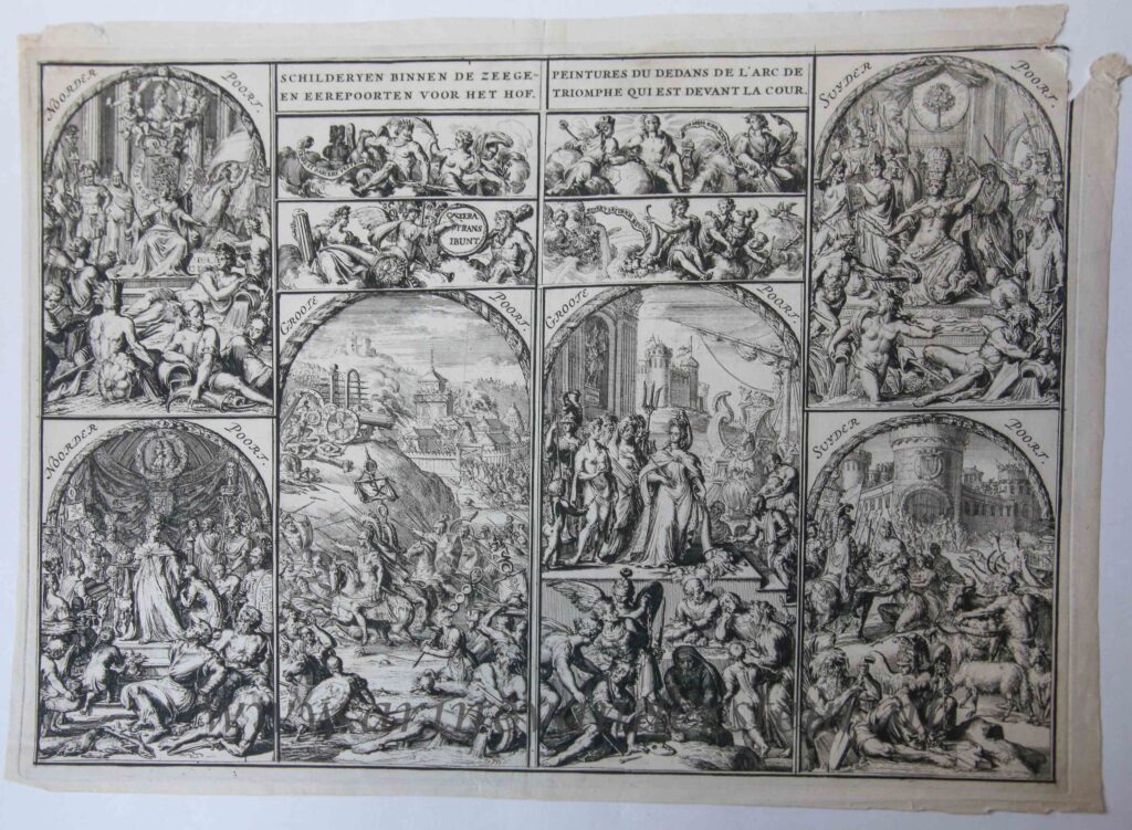 [Antique print, etching] Schilderijen binnen de zeege- en eerepoorten voor het Hof / Peintures du dedans de l'arc de triomphe qui est devant la cour. [Willem III te 's Gravenhage], published 1691.
