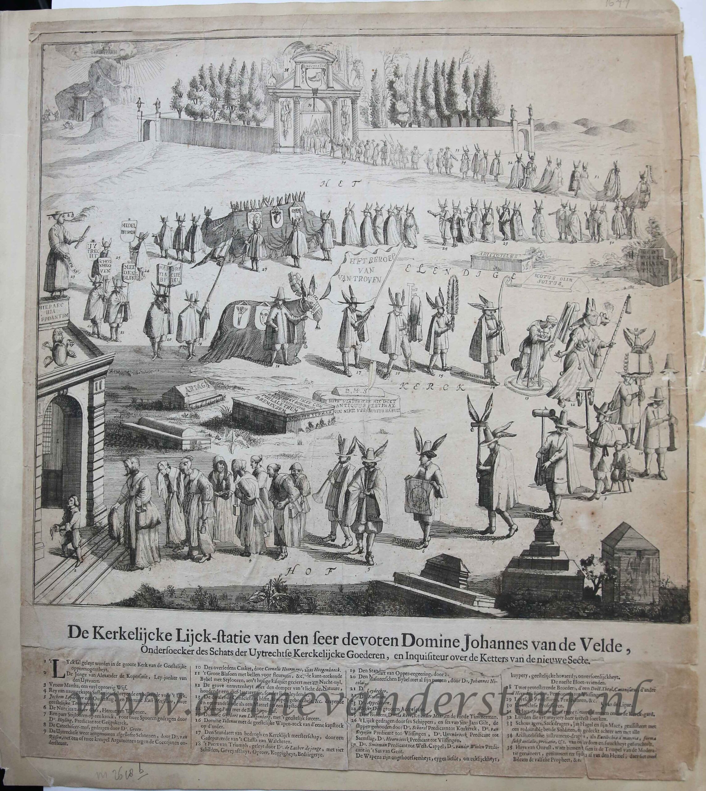 [Antique etching and letterpress, Romeyn de Hooghe] De kerkelijke lijck-statie van den seer devoten Domine Johannes van de Velde [Begrafenisstoet van Ds A. van de Velde, 14 juni 1677], published 1677, 1 p.