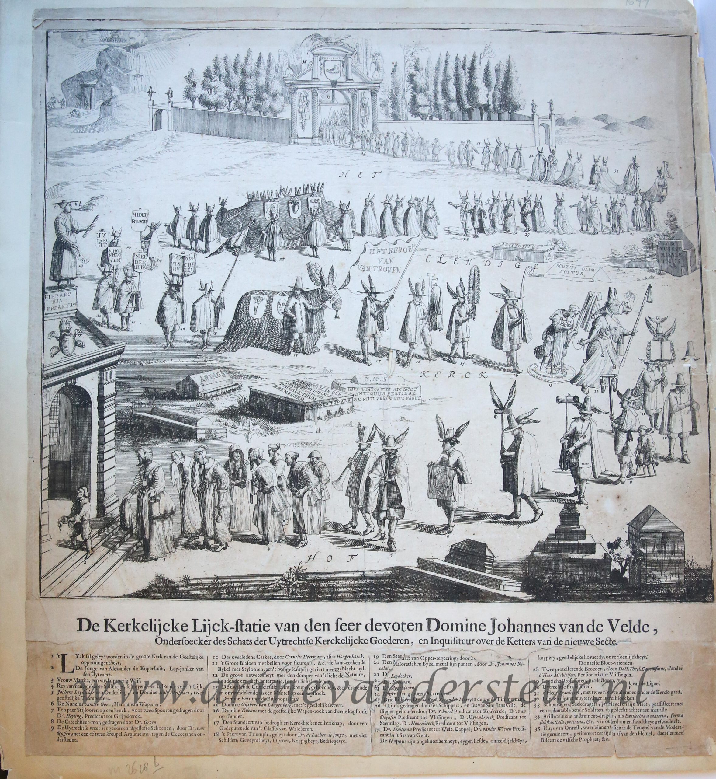 [Antique etching and letterpress, Romeyn de Hooghe] De kerkelijke lijck-statie van den seer devoten Domine Johannes van de Velde [Begrafenisstoet van Ds A. van de Velde, 14 juni 1677], published 1677, 1 p.