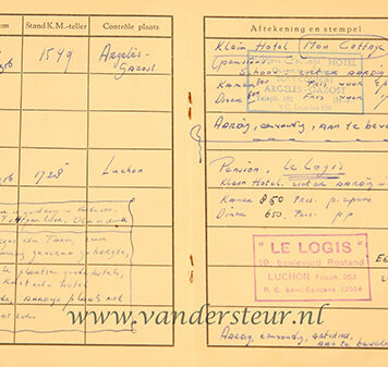 BEERS, VAN; KNAC -- Controleboekje voor een toertocht in het buitenland van de K.N.A.C., t.n.v. M.A. van Beers, Olympiaplein, Amsterdam, 1956. Veel aantekeningen in handschrift.&#11;