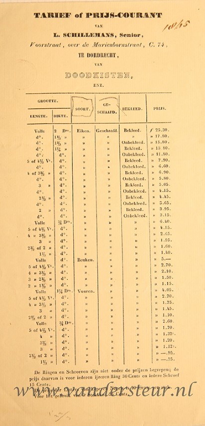  - DORDRECHT, SCHILLEMANS, DOODKISTEN -- Prijscourant voor doodkisten van de fa. L. Schillemans te Dordrecht, 1845. 8, 1 blad, gedrukt.